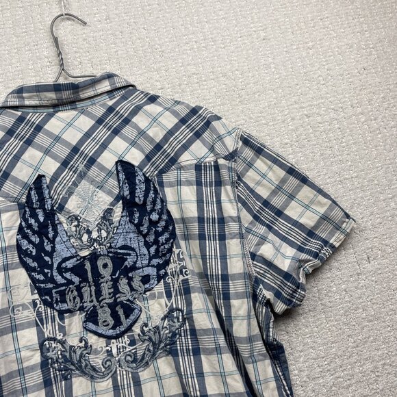 Y2K Guess Shirt Mens XXL Blue Plaid Grunge Button Up Distressed Punk lily flower - Picture 11 of 13